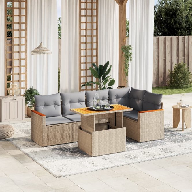 6-tlg. Garten-Sofagarnitur mit Kissen Schwarz Poly Rattan