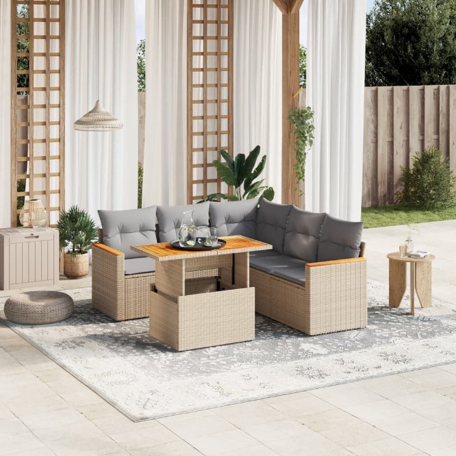 6-tlg. Garten-Sofagarnitur mit Kissen Schwarz Poly Rattan
