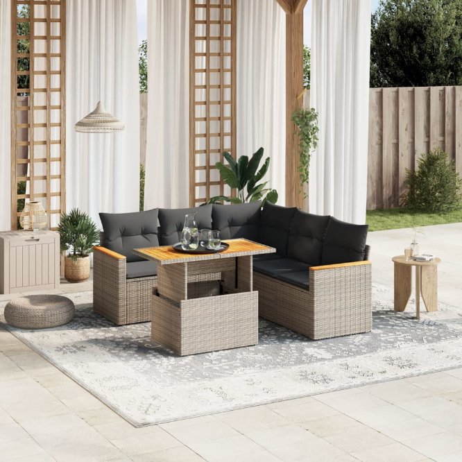 6-tlg. Garten-Sofagarnitur mit Kissen Schwarz Poly Rattan