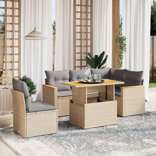 6-tlg. Garten-Sofagarnitur mit Kissen Schwarz Poly Rattan