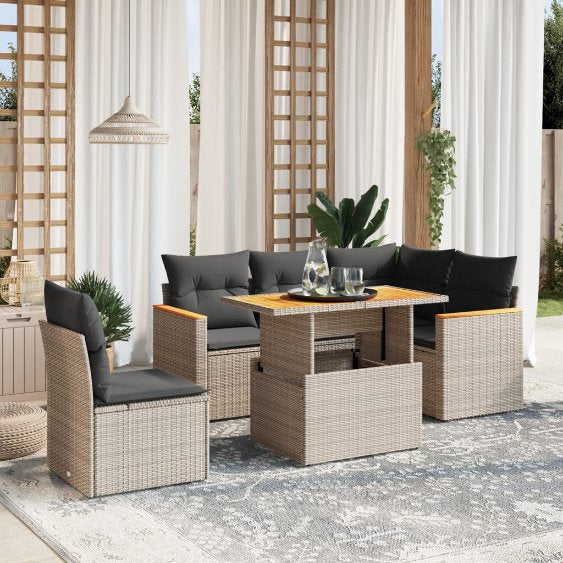 6-tlg. Garten-Sofagarnitur mit Kissen Schwarz Poly Rattan