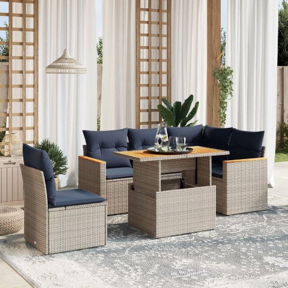 6-tlg. Garten-Sofagarnitur mit Kissen Schwarz Poly Rattan