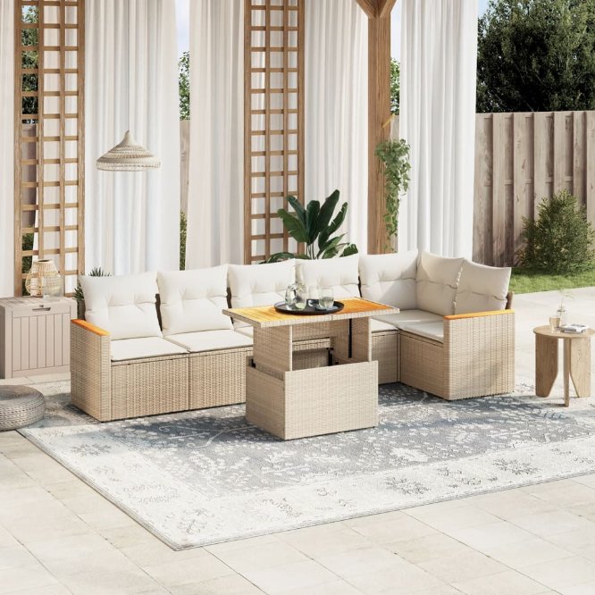 7-tlg. Garten-Sofagarnitur mit Kissen Schwarz Poly Rattan