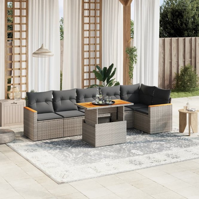 7-tlg. Garten-Sofagarnitur mit Kissen Schwarz Poly Rattan
