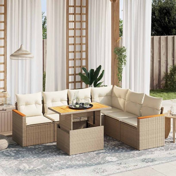 7-tlg. Garten-Sofagarnitur mit Kissen Schwarz Poly Rattan