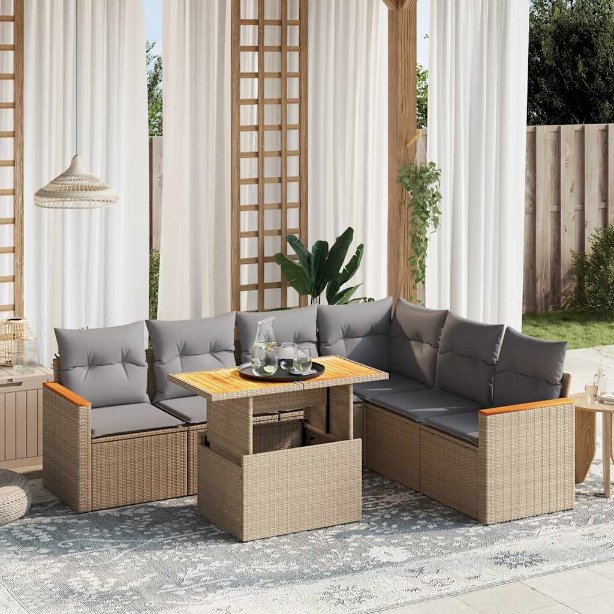 7-tlg. Garten-Sofagarnitur mit Kissen Schwarz Poly Rattan