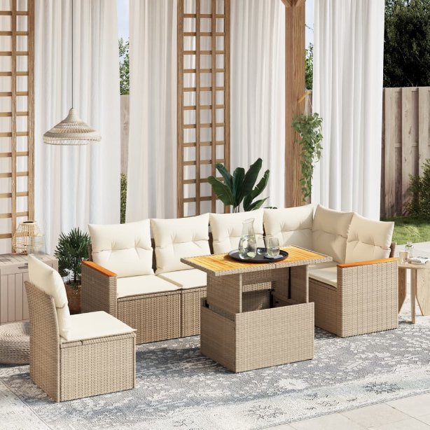 7-tlg. Garten-Sofagarnitur mit Kissen Schwarz Poly Rattan