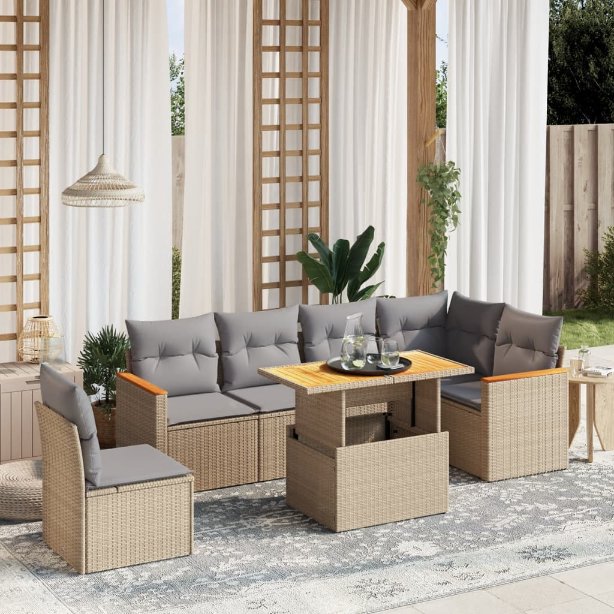 7-tlg. Garten-Sofagarnitur mit Kissen Schwarz Poly Rattan