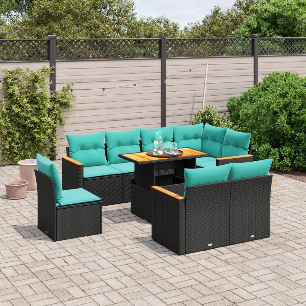 9-tlg. Garten-Sofagarnitur mit Kissen Schwarz Poly Rattan