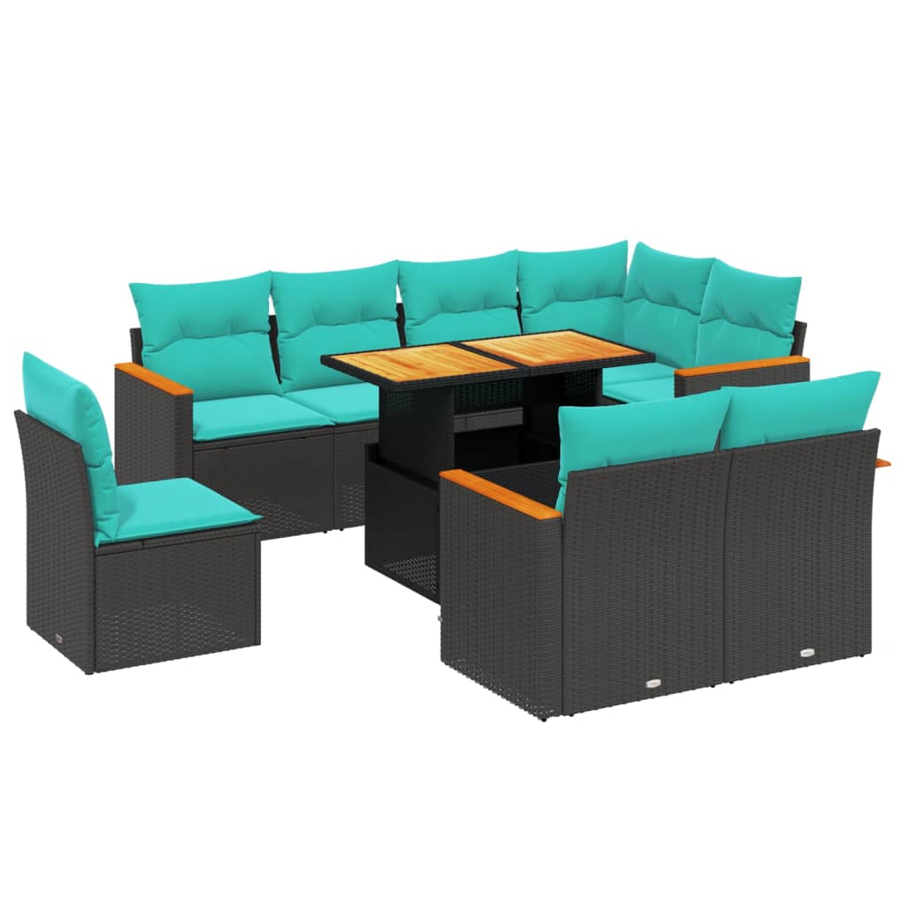 9-tlg. Garten-Sofagarnitur mit Kissen Schwarz Poly Rattan