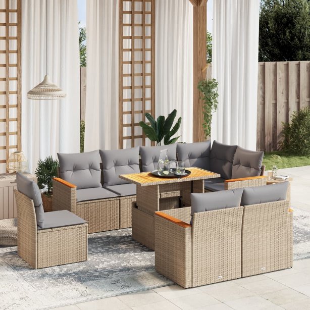 9-tlg. Garten-Sofagarnitur mit Kissen Schwarz Poly Rattan