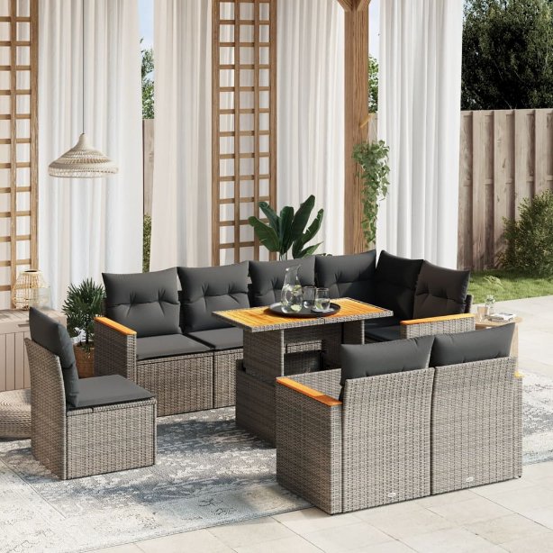 9-tlg. Garten-Sofagarnitur mit Kissen Schwarz Poly Rattan