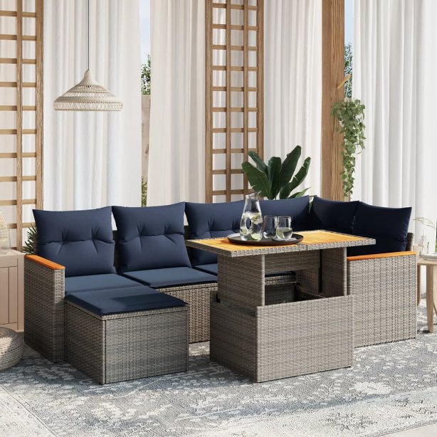 7-tlg. Garten-Sofagarnitur mit Kissen Schwarz Poly Rattan