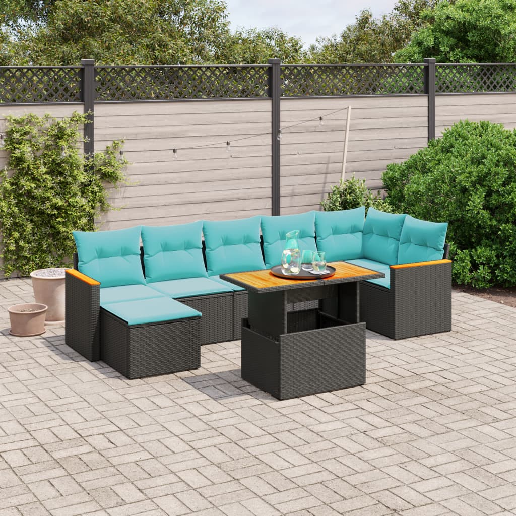 8-tlg. Garten-Sofagarnitur mit Kissen Schwarz Poly Rattan