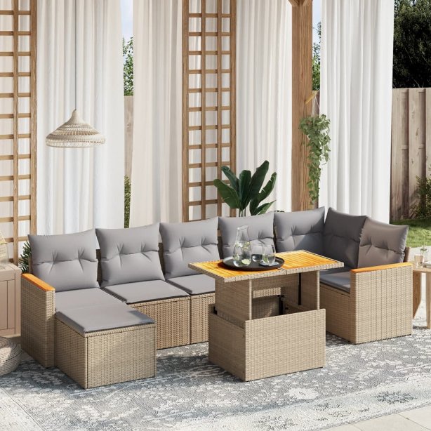 8-tlg. Garten-Sofagarnitur mit Kissen Schwarz Poly Rattan