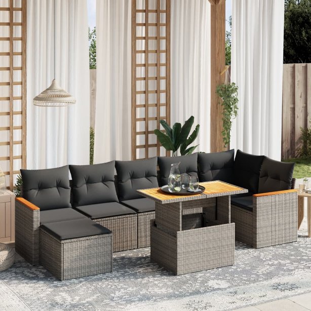 8-tlg. Garten-Sofagarnitur mit Kissen Schwarz Poly Rattan
