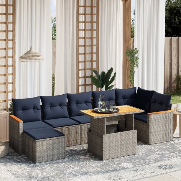 8-tlg. Garten-Sofagarnitur mit Kissen Schwarz Poly Rattan