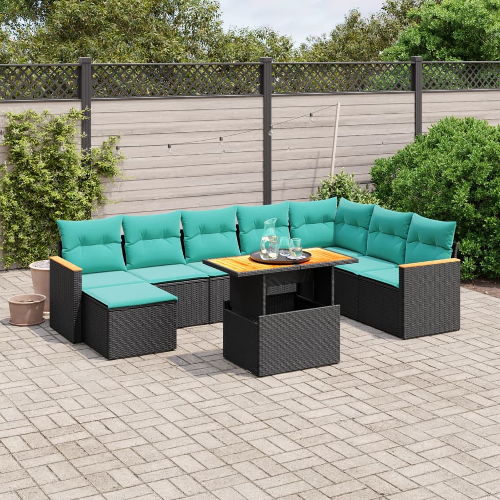 9-tlg. Garten-Sofagarnitur mit Kissen Schwarz Poly Rattan