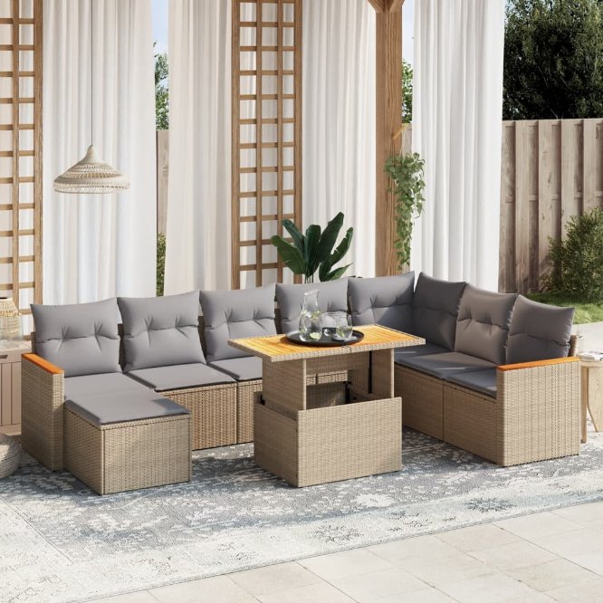 9-tlg. Garten-Sofagarnitur mit Kissen Schwarz Poly Rattan