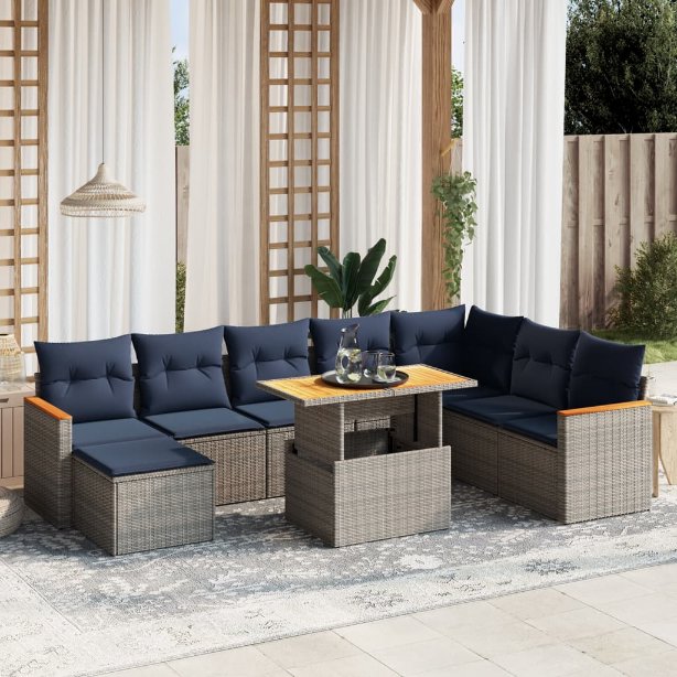 9-tlg. Garten-Sofagarnitur mit Kissen Schwarz Poly Rattan