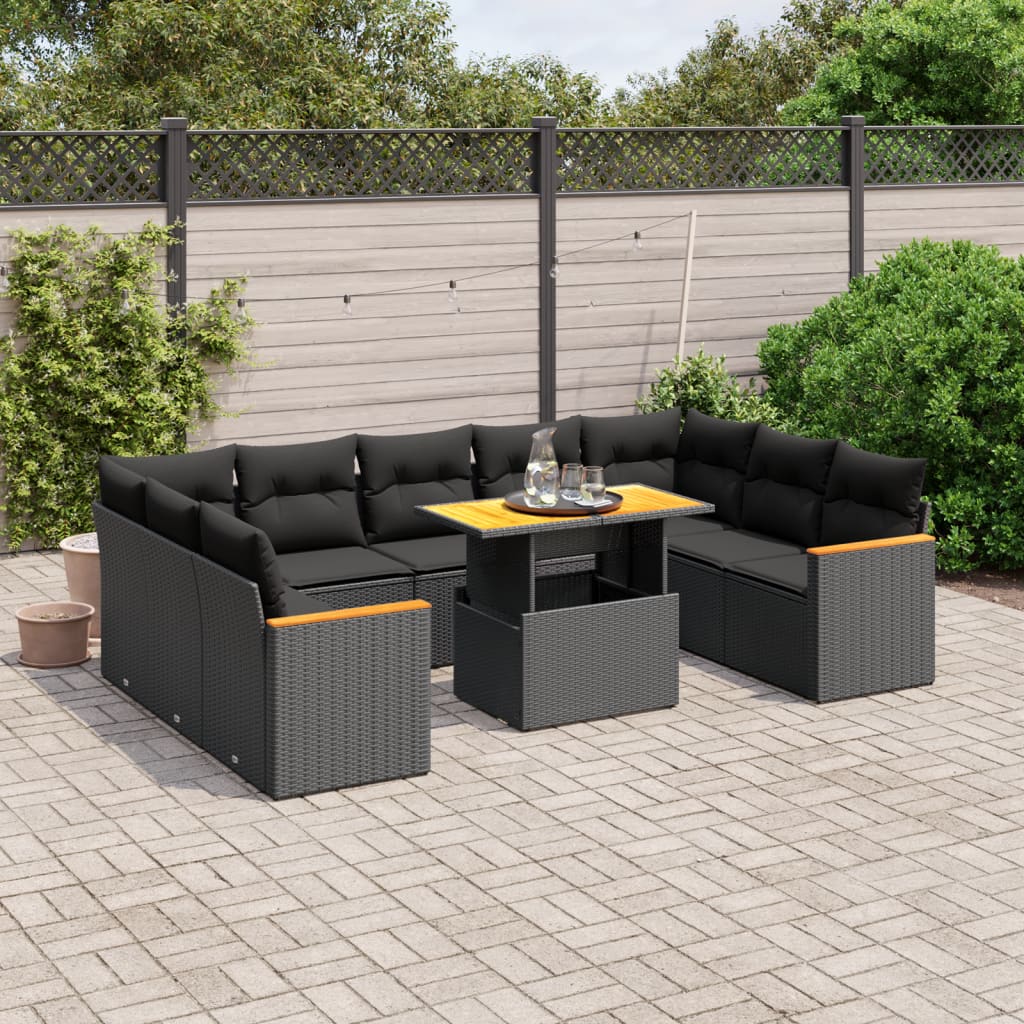 vidaXL 10-tlg. Garten-Sofagarnitur mit Kissen Schwarz Poly Rattan