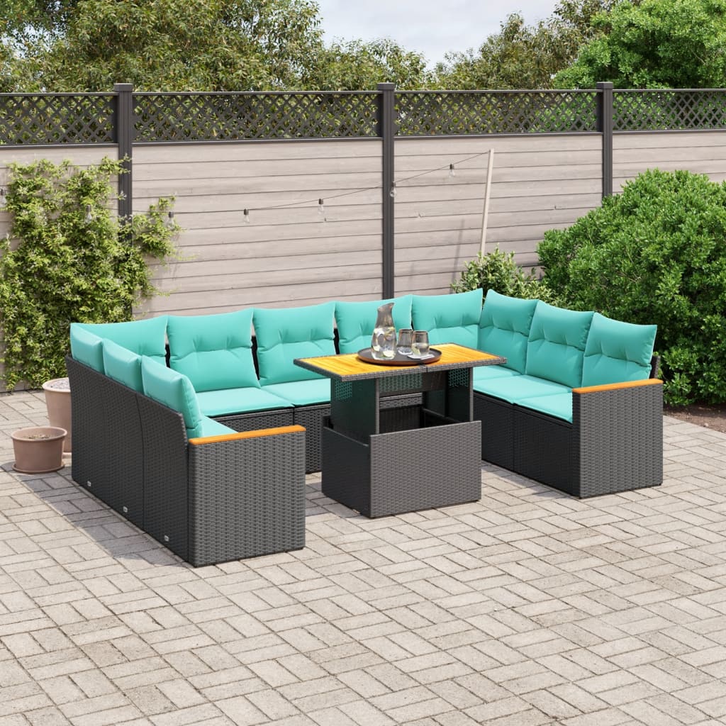 vidaXL 10-tlg. Garten-Sofagarnitur mit Kissen Schwarz Poly Rattan