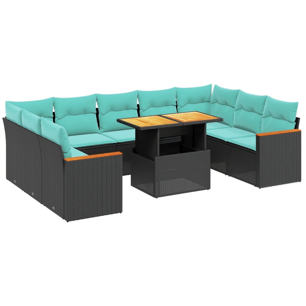 vidaXL 10-tlg. Garten-Sofagarnitur mit Kissen Schwarz Poly Rattan