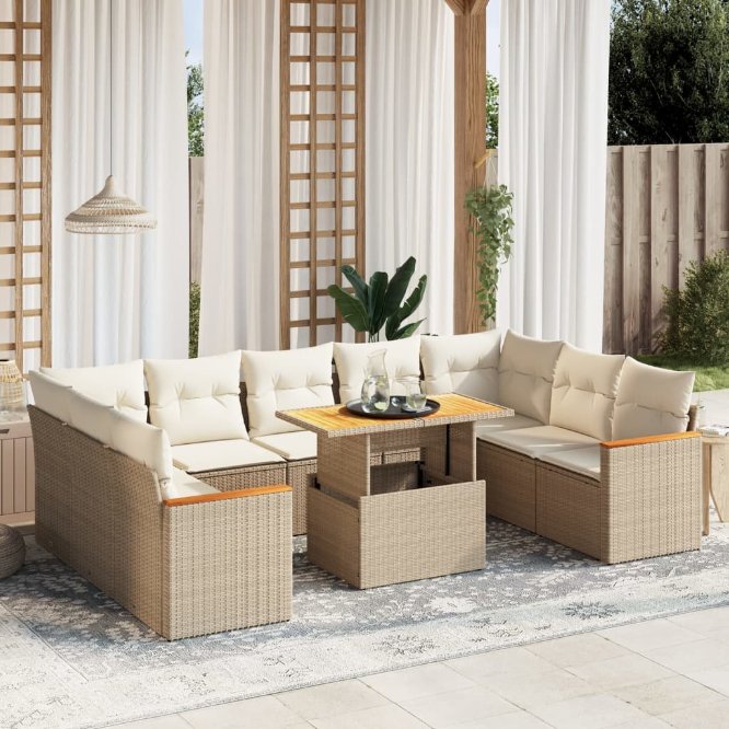 vidaXL 10-tlg. Garten-Sofagarnitur mit Kissen Schwarz Poly Rattan