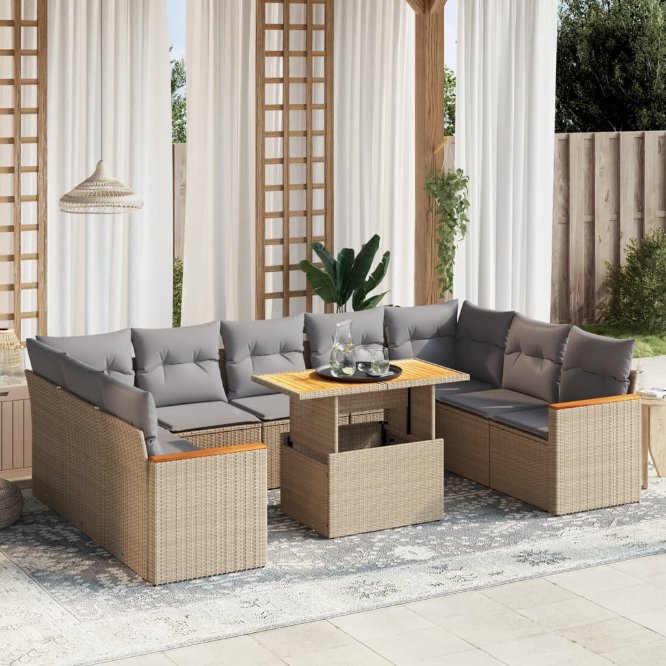 vidaXL 10-tlg. Garten-Sofagarnitur mit Kissen Schwarz Poly Rattan