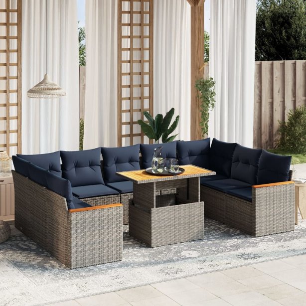 vidaXL 10-tlg. Garten-Sofagarnitur mit Kissen Schwarz Poly Rattan