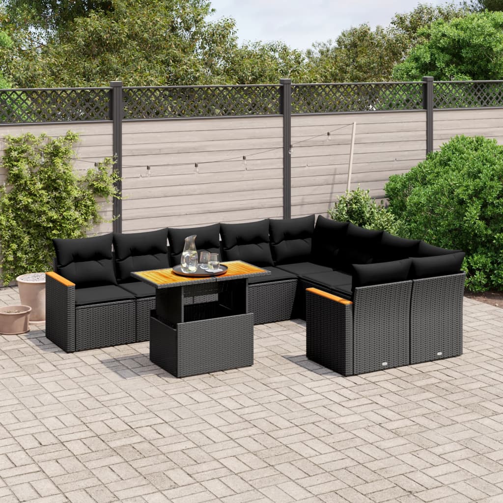 vidaXL 10-tlg. Garten-Sofagarnitur mit Kissen Schwarz Poly Rattan