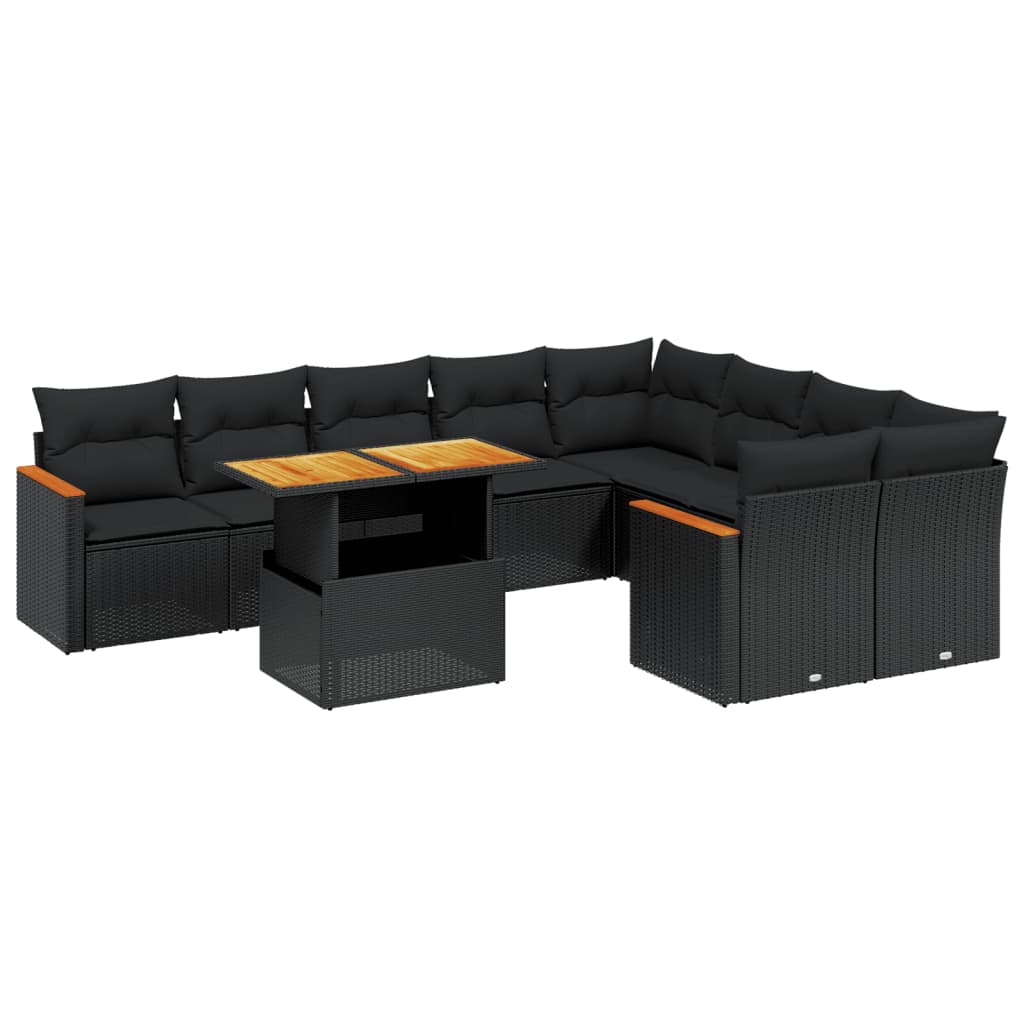 vidaXL 10-tlg. Garten-Sofagarnitur mit Kissen Schwarz Poly Rattan
