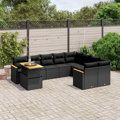 vidaXL 10-tlg. Garten-Sofagarnitur mit Kissen Schwarz Poly Rattan