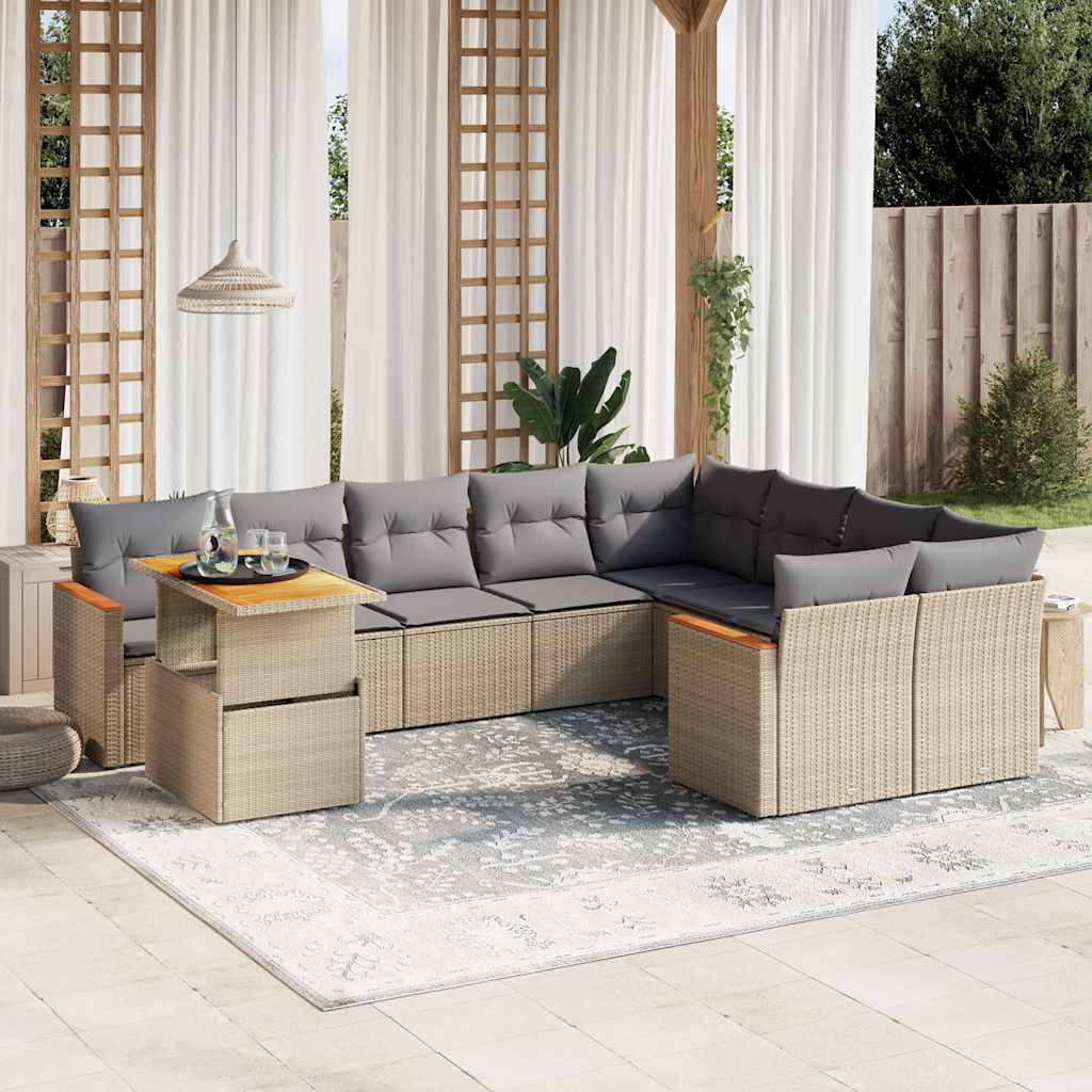 vidaXL 10-tlg. Garten-Sofagarnitur mit Kissen Schwarz Poly Rattan