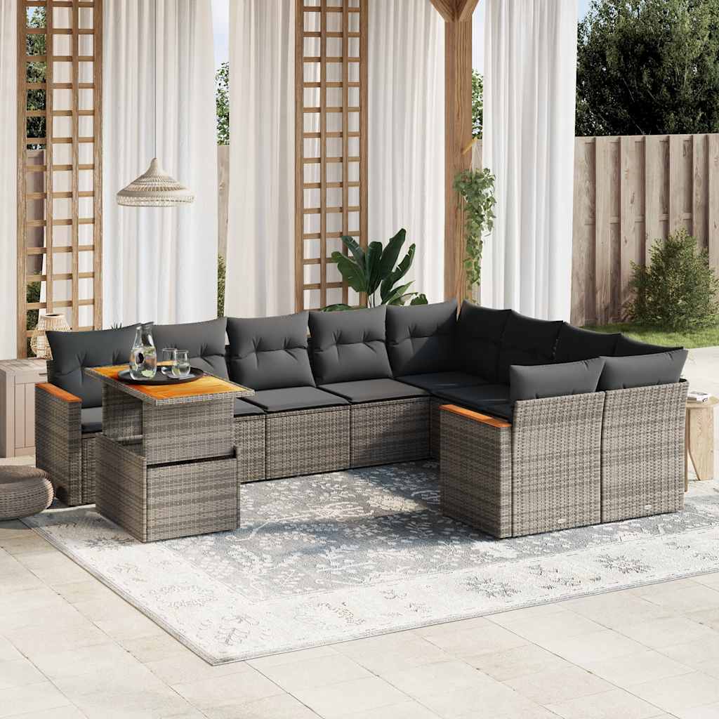 vidaXL 10-tlg. Garten-Sofagarnitur mit Kissen Schwarz Poly Rattan