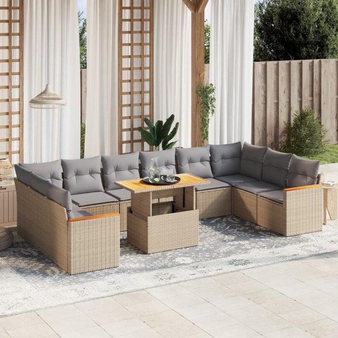 vidaXL 11-tlg. Garten-Sofagarnitur mit Kissen Schwarz Poly Rattan