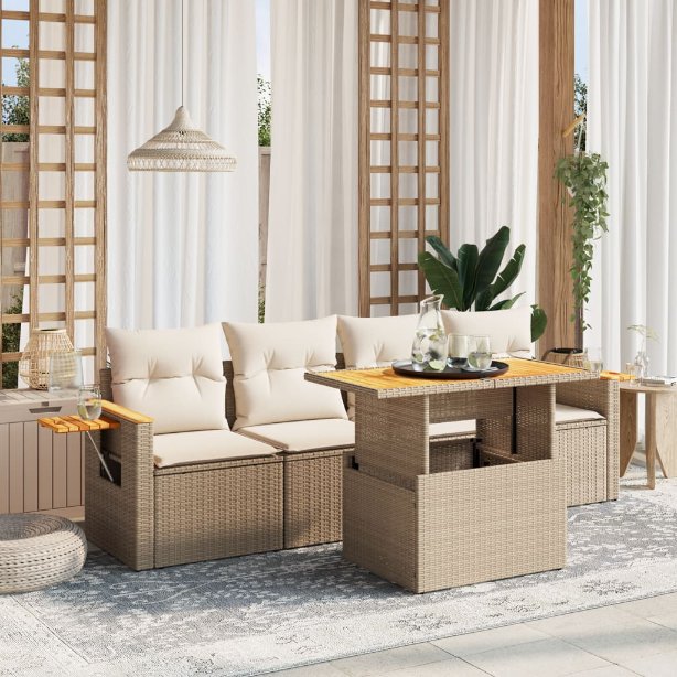 5-tlg. Garten-Sofagarnitur mit Kissen Schwarz Poly Rattan