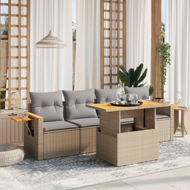 5-tlg. Garten-Sofagarnitur mit Kissen Schwarz Poly Rattan