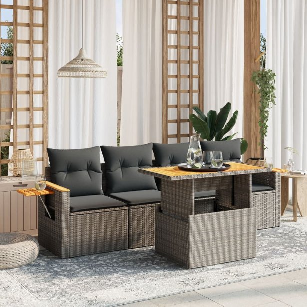 5-tlg. Garten-Sofagarnitur mit Kissen Schwarz Poly Rattan