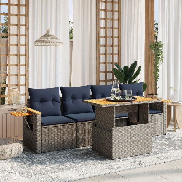 5-tlg. Garten-Sofagarnitur mit Kissen Schwarz Poly Rattan