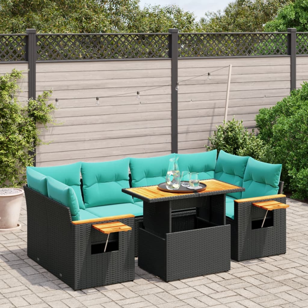 7-tlg. Garten-Sofagarnitur mit Kissen Schwarz Poly Rattan