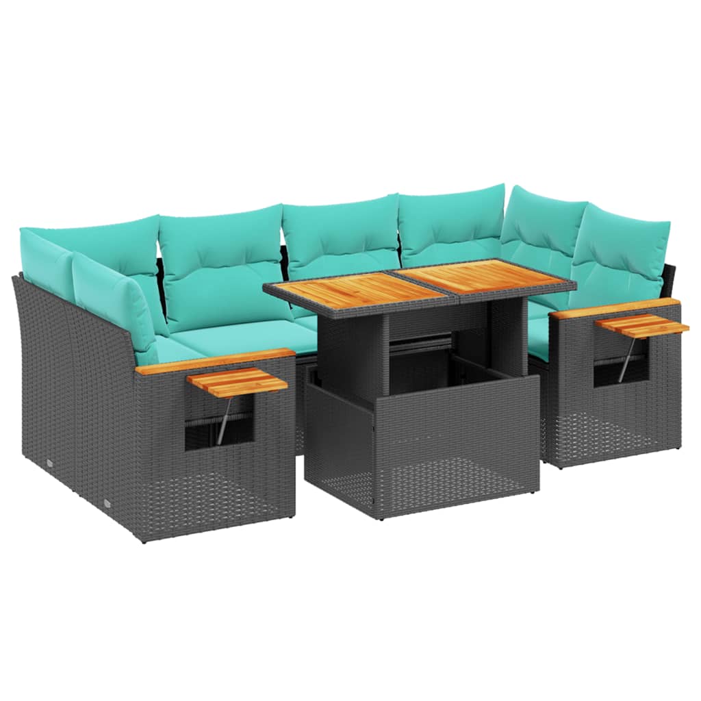7-tlg. Garten-Sofagarnitur mit Kissen Schwarz Poly Rattan
