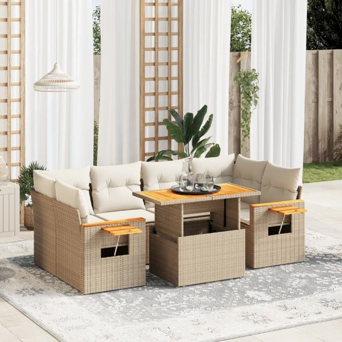 7-tlg. Garten-Sofagarnitur mit Kissen Schwarz Poly Rattan