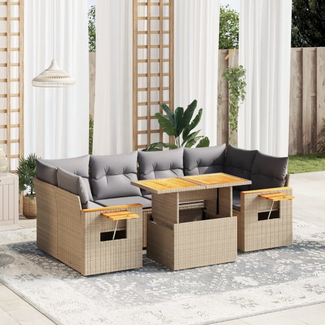 7-tlg. Garten-Sofagarnitur mit Kissen Schwarz Poly Rattan