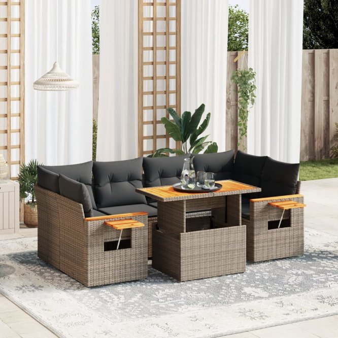 7-tlg. Garten-Sofagarnitur mit Kissen Schwarz Poly Rattan