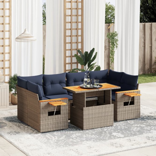 7-tlg. Garten-Sofagarnitur mit Kissen Schwarz Poly Rattan