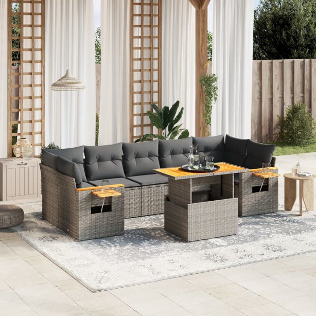 8-tlg. Garten-Sofagarnitur mit Kissen Schwarz Poly Rattan