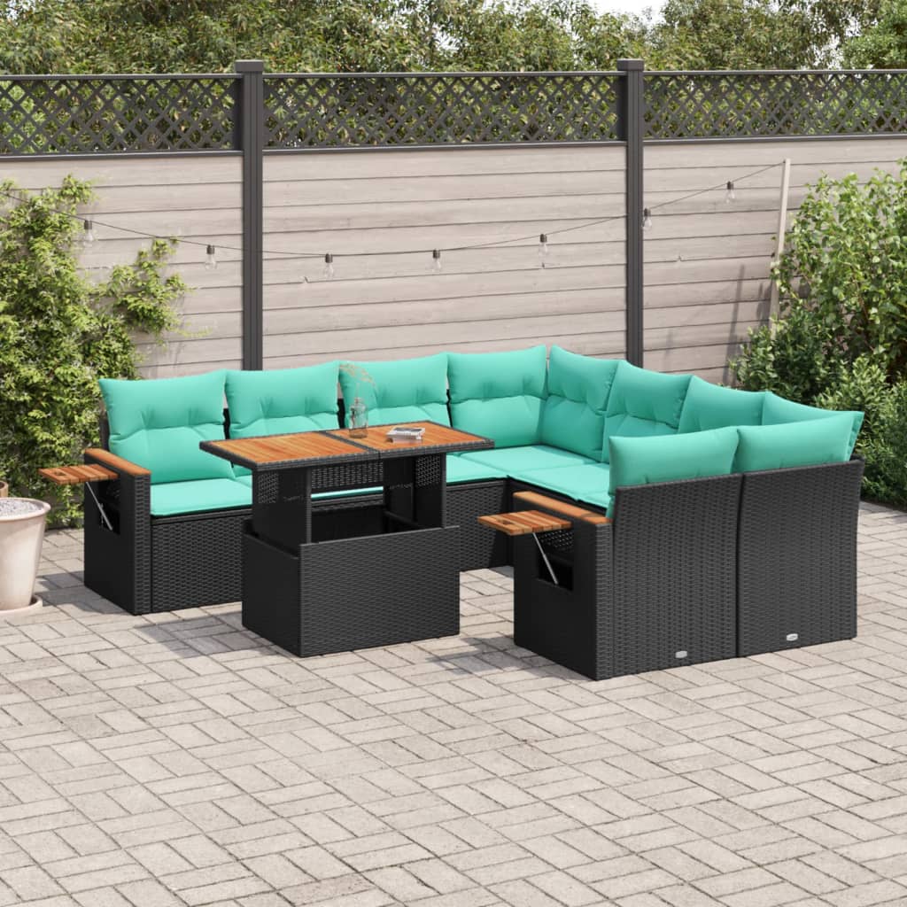 9-tlg. Garten-Sofagarnitur mit Kissen Schwarz Poly Rattan
