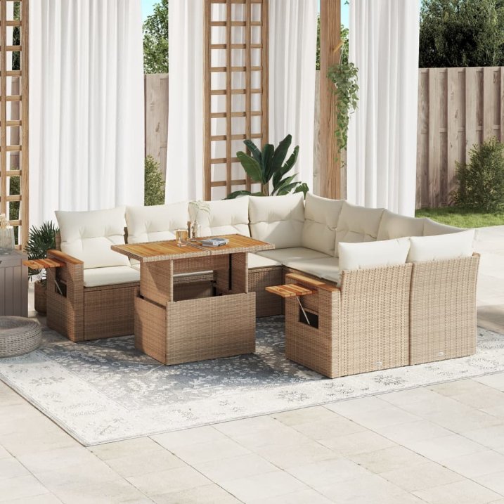 9-tlg. Garten-Sofagarnitur mit Kissen Schwarz Poly Rattan