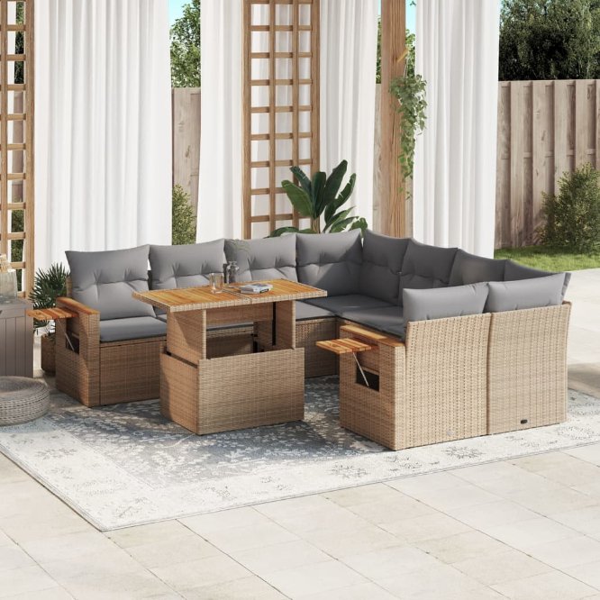 9-tlg. Garten-Sofagarnitur mit Kissen Schwarz Poly Rattan